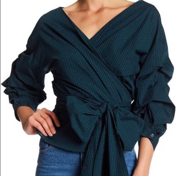 TOV Tops - TOV Bishop Gathered Sleeve Plaid Wrap Blouse S / 4